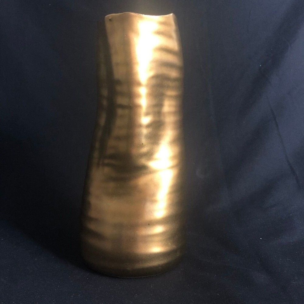 Vintage Modernist Studio Art Hand Made Vase Metallic Gold Amorphic 8 3/4"